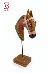 KB ART Wooden Horse Head On Stand - Front View of Handcrafted Detailing - Handcrafted Wooden Decor Jodhpur