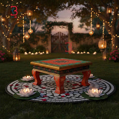 Hand-Painted Rajasthani Wooden Chowki - Traditional Floral Bajot for Pooja & Decor | KB ART (Copy)