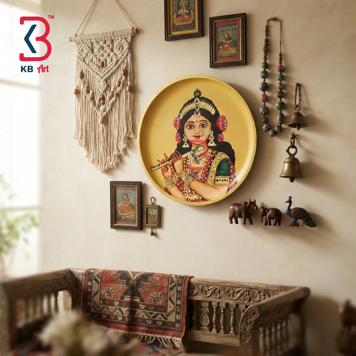 Round wooden wall plate with hand-painted Radha Rani playing flute, peacock feather crown, on golden yellow Pichwai background