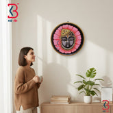 Round wooden wall plate with hand-painted Shrinathji face on a pink lotus flower, black base, gold rim, ready to hang