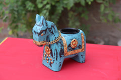 KB ART Blue Horse Tlight Holder - Side Angle Showing Finish and Craftsmanship - Handcrafted Wooden Decor Jodhpur