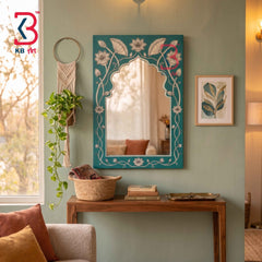 Handcrafted Teal Blue Wooden Arch Mirror with Lotus Floral Design | Indian Traditional Wall Decor