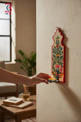 KB ART Mughal Floral Wooden Tea Light Holder Wall Hanging - Styled Display in Home Interior Setting - Handcrafted Wooden Decor Jodhpur