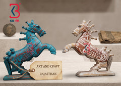 KB ART Wooden Antique Carved Jumping Horse Pair - Styled Display in Home Interior Setting - Handcrafted Wooden Decor Jodhpur