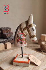 KB ART traditional hand-carved wooden horse head statue with an antique white crackle finish and hand-painted golden harnesses mounted on a square block stand.