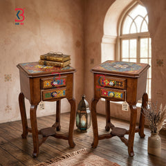 Two ornate wooden nightstands with colorful painted drawer fronts and matching painted top panels, shown in a warm rustic room with a window, books, a lantern, and a vase.