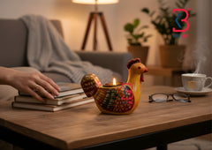 KB ART Painted Rooster Chicken Tlight Holder - Close-Up of Hand-Carved Artisan Texture - Handcrafted Wooden Decor Jodhpur