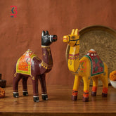 KB ART Pair Of Hand Painted Jodhpuri Wooden Camels Ethnic Rajasthani Figurines - Front View of Handcrafted Detailing - Handcrafted Wooden Decor Jodhpur
