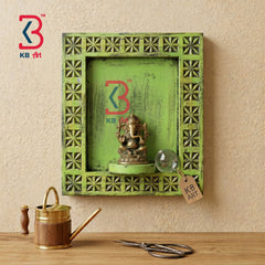 KB ART Green Distressed Wooden Carved Wall Frame Decorative Altar Photo Frame - Front View of Handcrafted Detailing - Handcrafted Wooden Decor Jodhpur