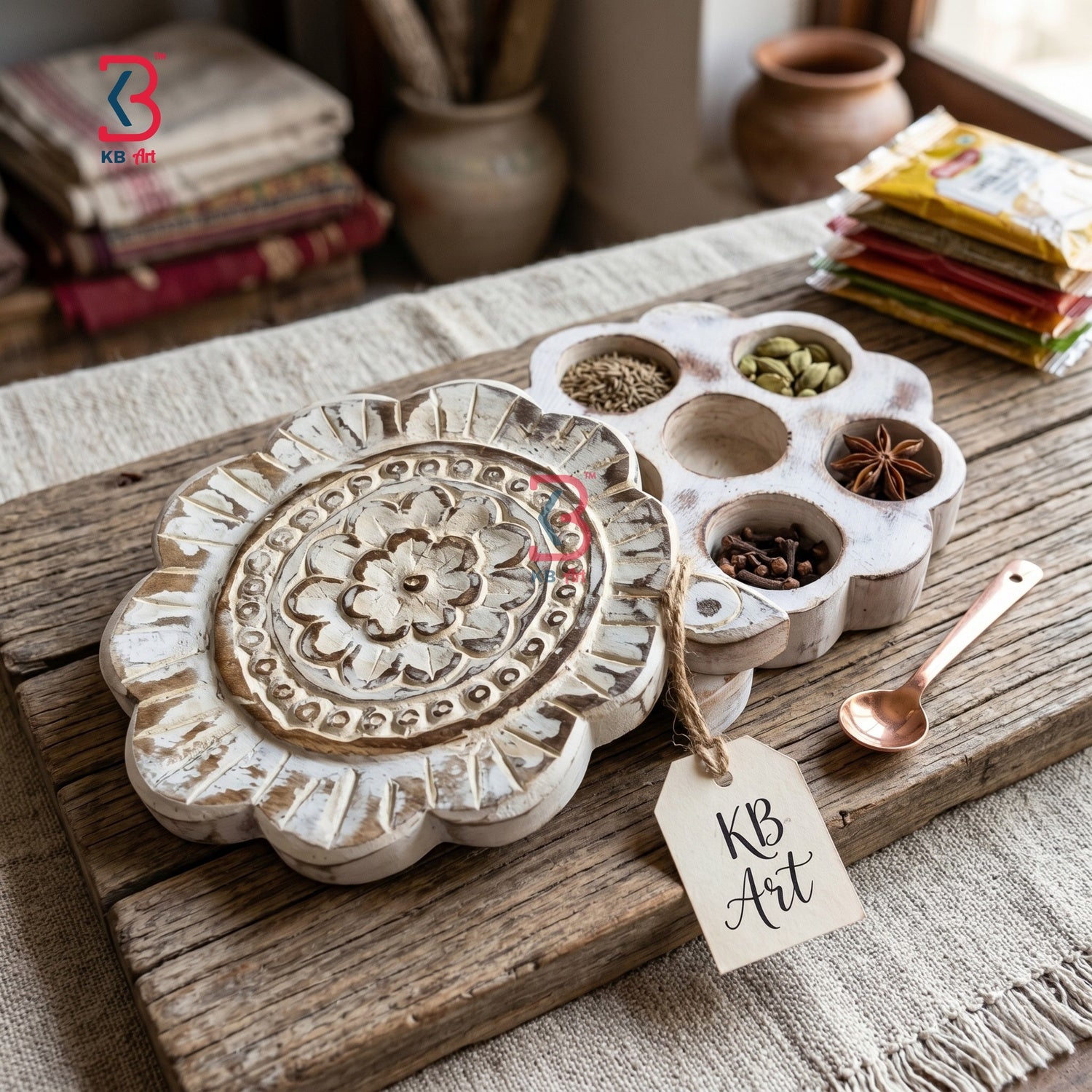 KB ART Wooden Carved Masala Box Flower Shape - Close-Up of Hand-Carved Artisan Texture - Handcrafted Wooden Decor Jodhpur