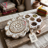 KB ART Wooden Carved Masala Box Flower Shape - Close-Up of Hand-Carved Artisan Texture - Handcrafted Wooden Decor Jodhpur