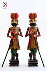 KB ART Handcrafted Wooden Chowkidar Set Tradition - Front View of Handcrafted Detailing - Handcrafted Wooden Decor Jodhpur