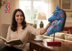 KB ART Blue Lotus Painted Horse Head Sculpture - Styled Display in Home Interior Setting - Handcrafted Wooden Decor Jodhpur