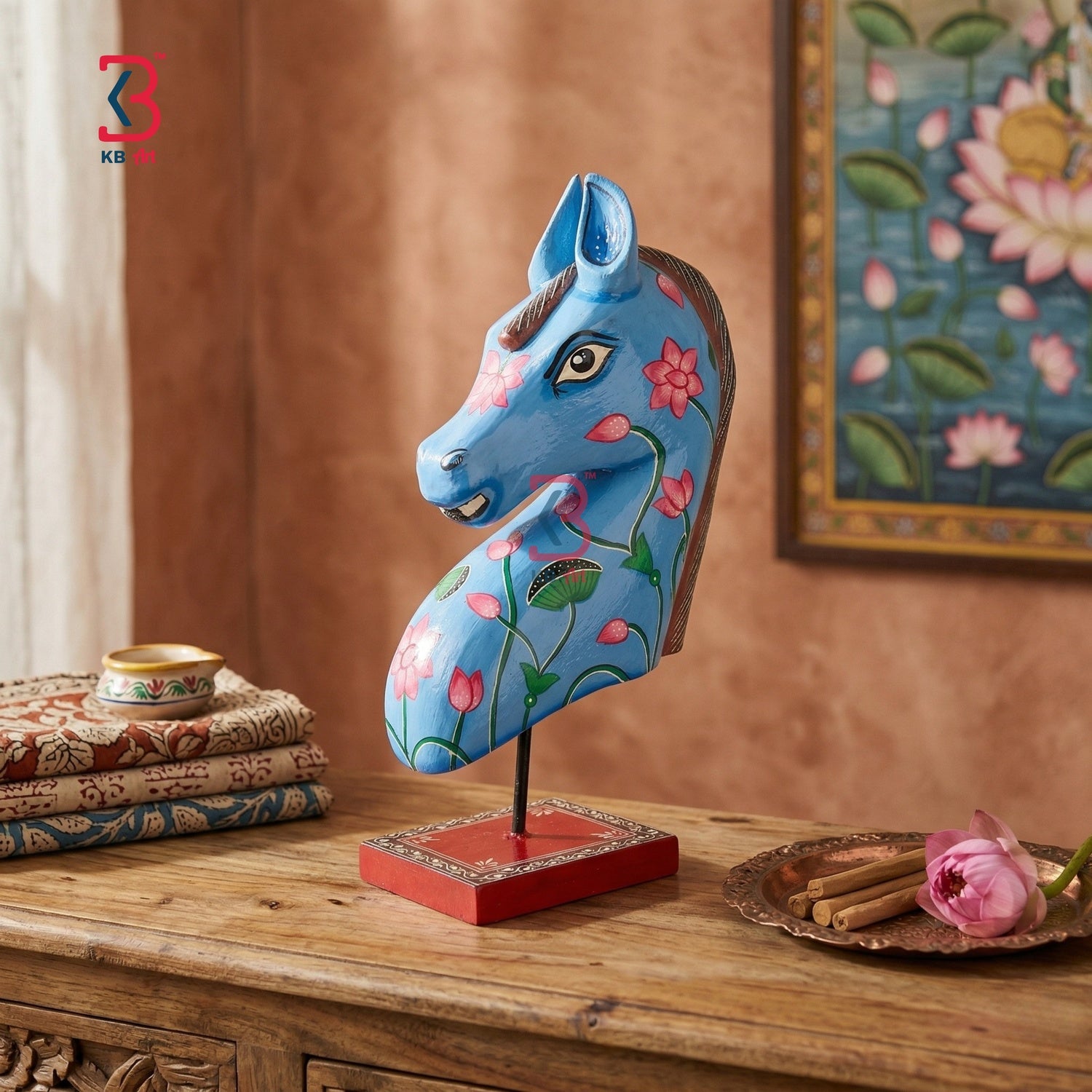 KB ART Blue Lotus Painted Horse Head Sculpture - Close-Up of Hand-Carved Artisan Texture - Handcrafted Wooden Decor Jodhpur