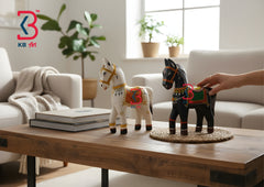 KB ART Traditional Painted White Black Horse Set - Styled Display in Home Interior Setting - Handcrafted Wooden Decor Jodhpur