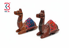 KB ART Sitting Wooden Camels Set Hand Painted Decorative Animal Figurines - Styled Display in Home Interior Setting - Handcrafted Wooden Decor Jodhpur