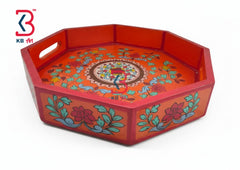 KB ART Orange Floral Octagonal Wooden Serving Tray - Front View of Handcrafted Detailing - Handcrafted Wooden Decor Jodhpur