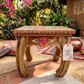 KB ART Hand-Painted Decorative Wooden Stool with Floral Ceramic Tile Top – Jodhpur Artisan Accent Seating Decor