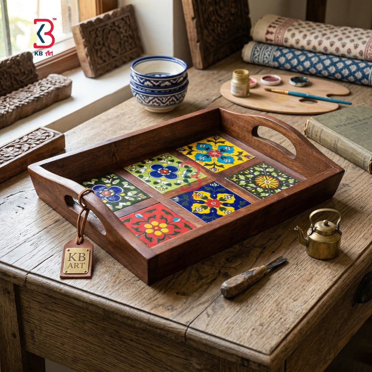 A rectangular wooden serving tray with cutout handles and a hanging KB Art tag, featuring colorful hand-painted floral tile motifs on the bottom. The tray is displayed on a rustic wooden table surrounded by traditional Indian craft tools, fabric rolls, and carved wood pieces.