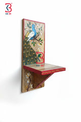 KB ART Wooden Peacock Rectangle Wall Shelf - Front View of Handcrafted Detailing - Handcrafted Wooden Decor Jodhpur