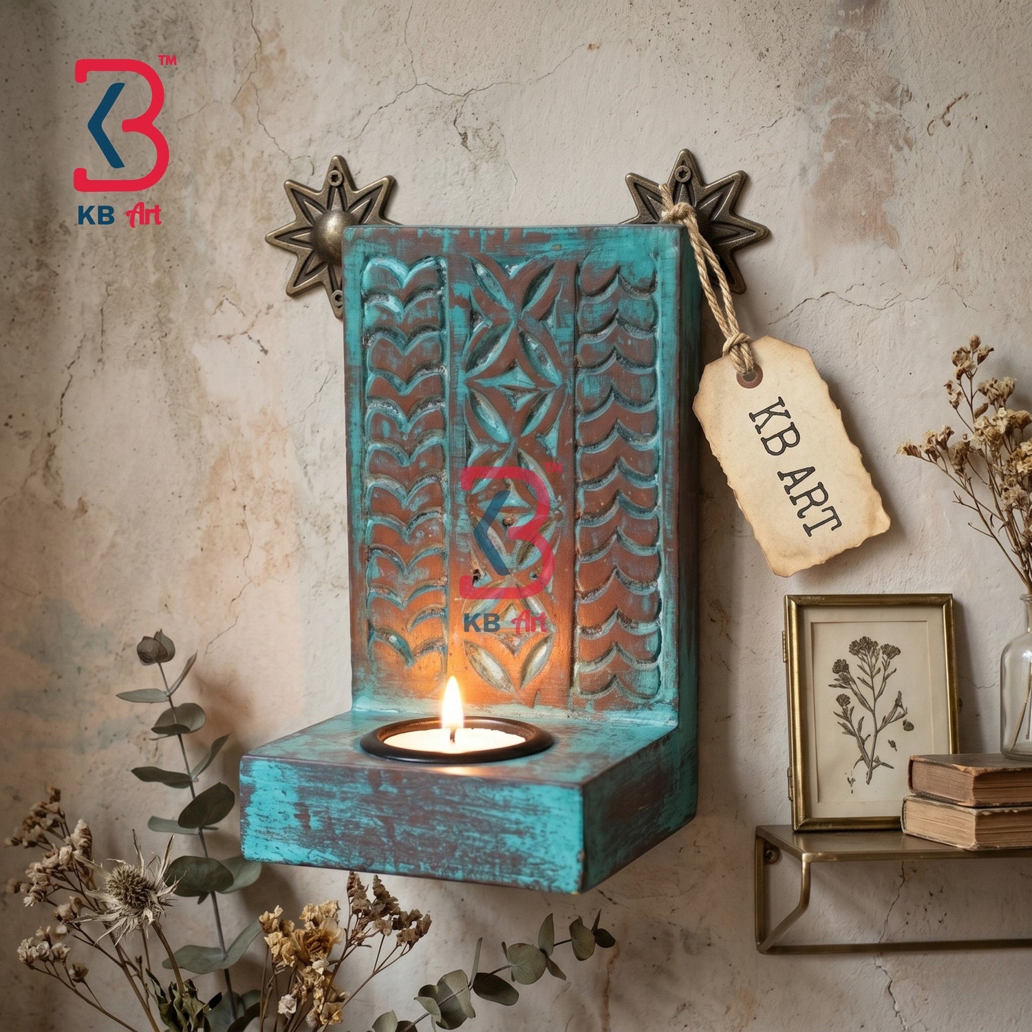 KB ART Teal Blue Carved Wooden Wall Tealight Holder Rustic Sconce Decor - Front View of Handcrafted Detailing - Handcrafted Wooden Decor Jodhpur