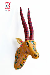 KB ART Hand Painted Wooden Deer Head With Long Hor - Front View of Handcrafted Detailing - Handcrafted Wooden Decor Jodhpur