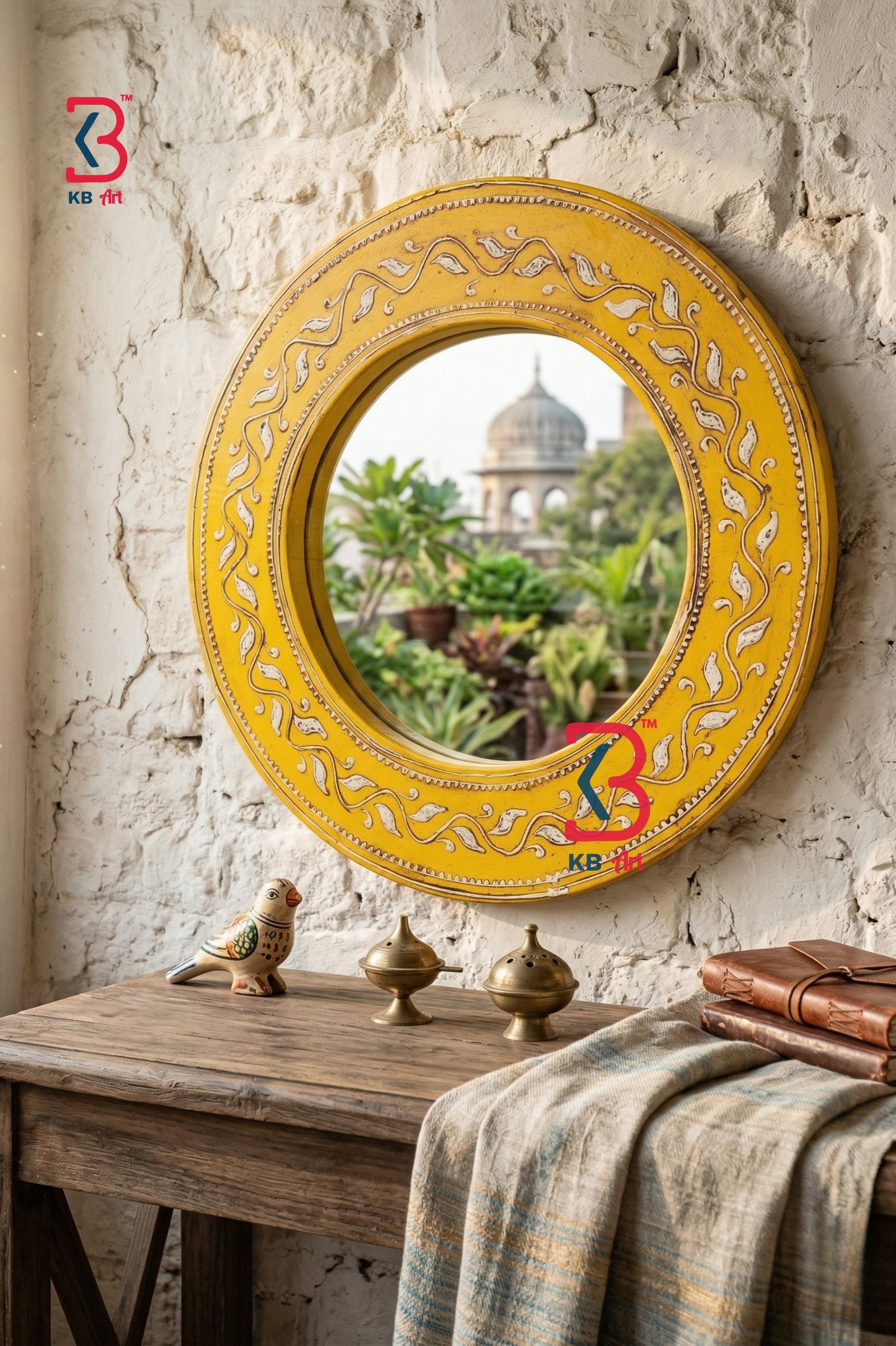 KB ART Wooden Round Yellow Mirror - Close-Up of Hand-Carved Artisan Texture - Handcrafted Wooden Decor Jodhpur
