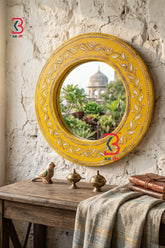 KB ART Wooden Round Yellow Mirror - Close-Up of Hand-Carved Artisan Texture - Handcrafted Wooden Decor Jodhpur