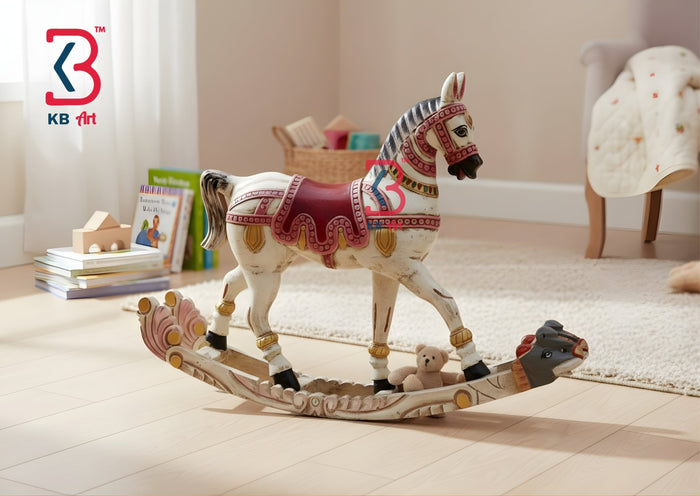 KB ART Wooden Antique Carved Rocking Horse - Front View of Handcrafted Detailing - Handcrafted Wooden Decor Jodhpur
