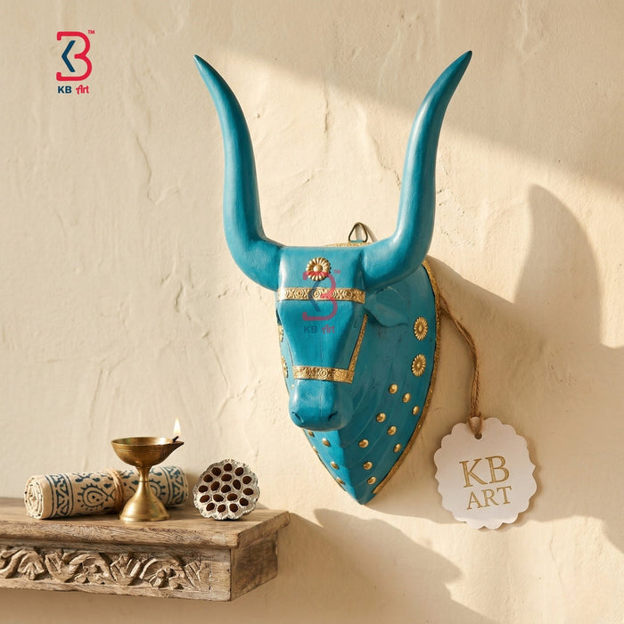 KB ART Turquoise Bull Head Wooden Brass Wall Decor - Close-Up of Hand-Carved Artisan Texture - Handcrafted Wooden Decor Jodhpur