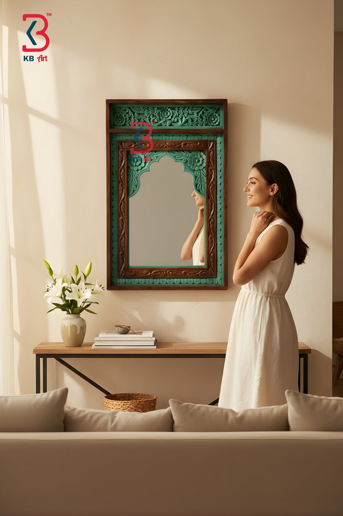 KB ART Jharokha Mirror Brown Green - Styled Display in Home Interior Setting - Handcrafted Wooden Decor Jodhpur