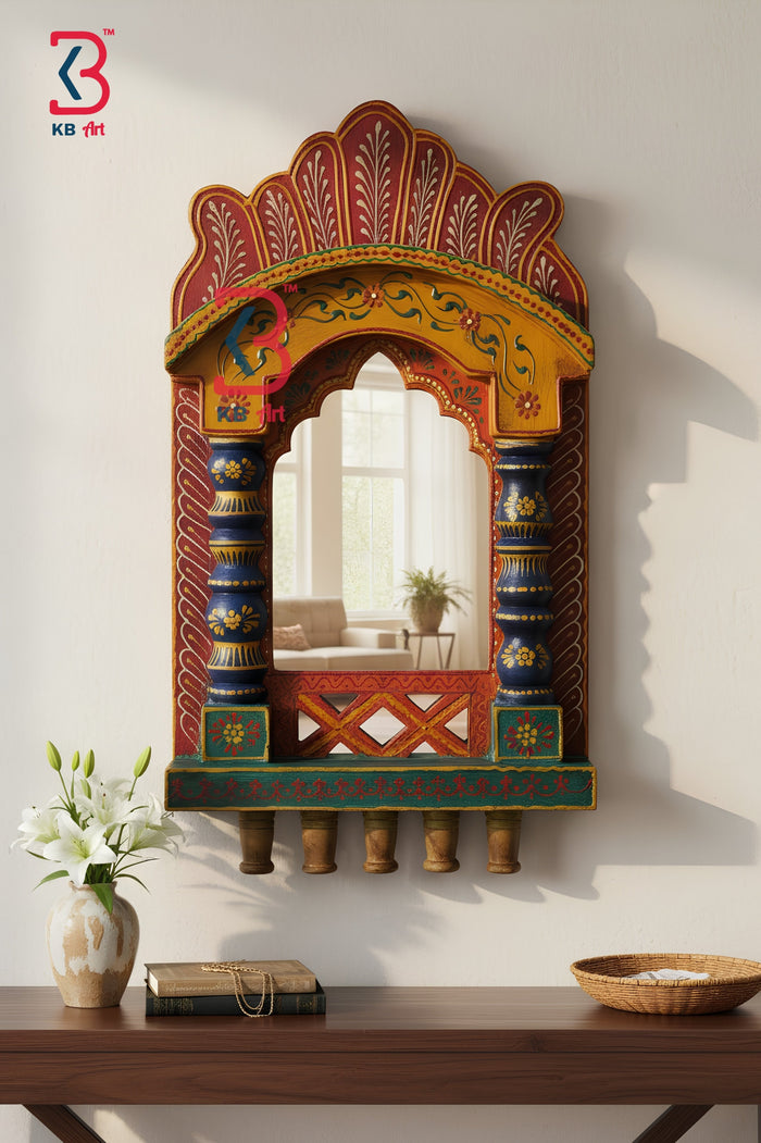 KB ART Wooden Rajasthani Jharokha - Side Angle Showing Finish and Craftsmanship - Handcrafted Wooden Decor Jodhpur