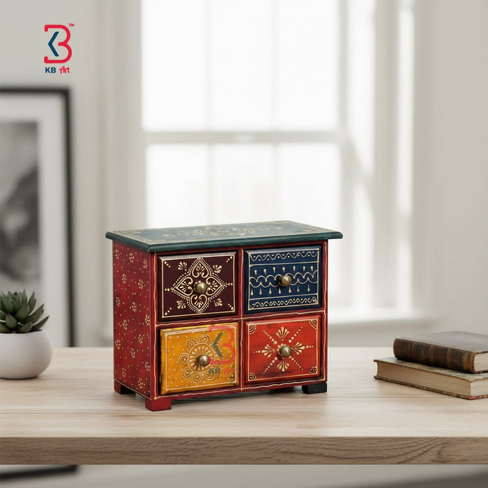 KB ART Wooden 4 Drawer Mdf Box - Front View of Handcrafted Detailing - Handcrafted Wooden Decor Jodhpur