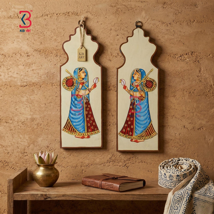 KB ART Jharokha Type Wall Plates Ladies - Front View of Handcrafted Detailing - Handcrafted Wooden Decor Jodhpur