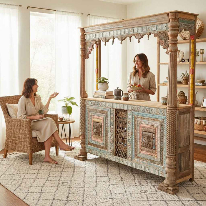 KB ART Hand-Painted Wooden Antique Bar Table with Jali Grille – Handcrafted Boho Jodhpur Home Decor