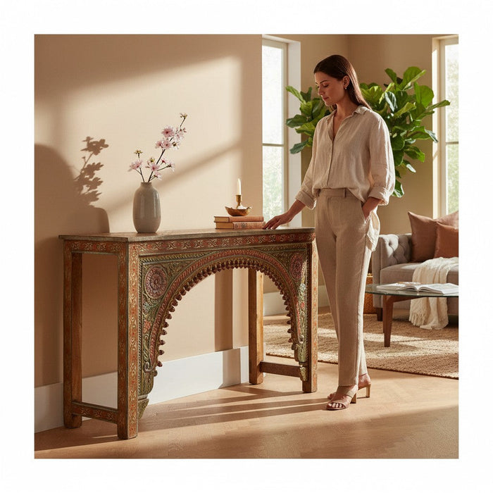 KB ART Carved Floral Arch Entryway Console Table – Handcrafted Premium Solid Wood Jodhpur Rajasthani Decor - Front View | KB ART Handcrafted Console Table Jodhpur Rajasthan
