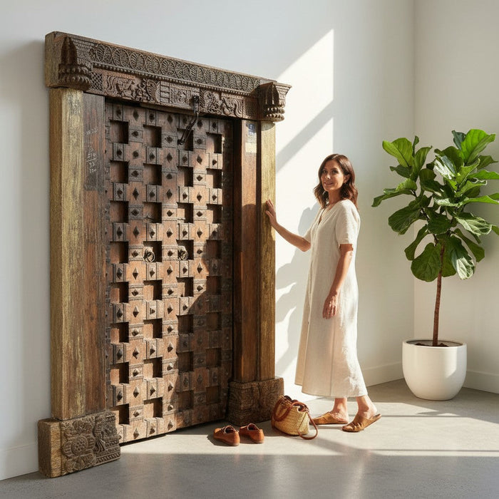 Heavy Iron-Clad Spiked Antique Fortress Gate - Front View | KB ART Handcrafted Antique Gate Jodhpur Rajasthan