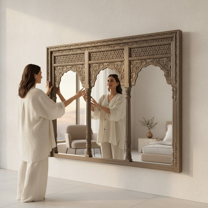 Natural Wood Intricate Carved Triple Arch Solid Wood Wall Mirror - Front View | KB ART Handcrafted Wall Mirror Jodhpur Rajasthan