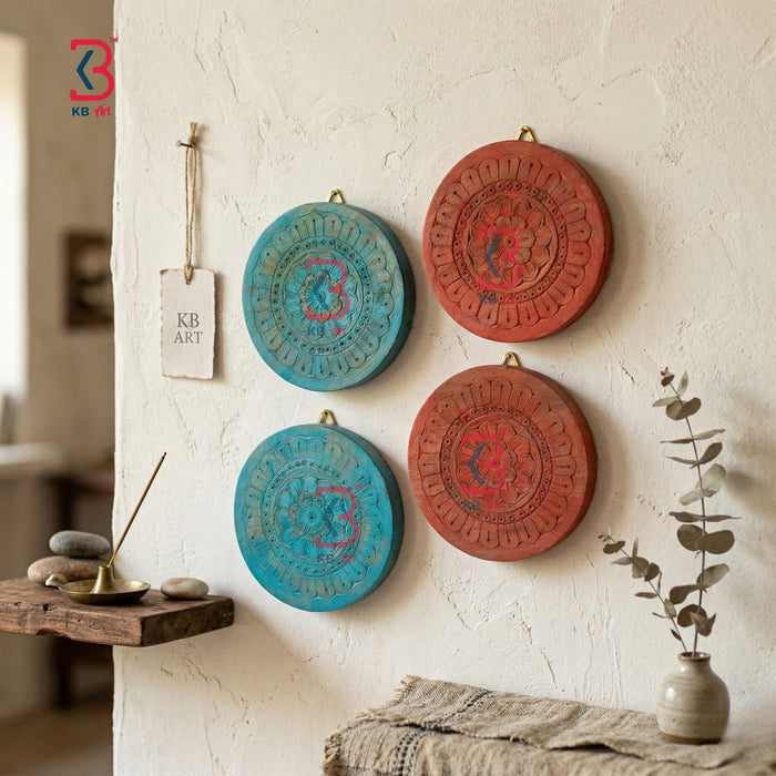 KB ART hand-carved wooden mandala wall plates set of 4 rustic antique finish