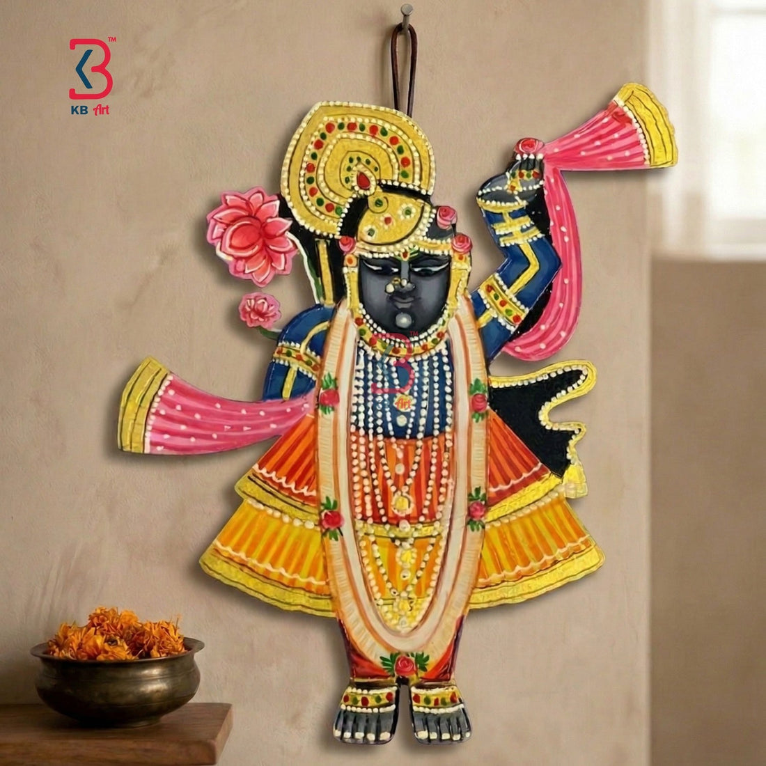 KB ART Standing Shrinathji Pichwai Wall Decor - Close-Up of Hand-Carved Artisan Texture - Handcrafted Wooden Decor Jodhpur