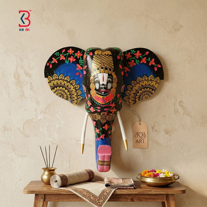 KB ART Wooden Elephant Head Shrinathji 18inches - Close-Up of Hand-Carved Artisan Texture - Handcrafted Wooden Decor Jodhpur