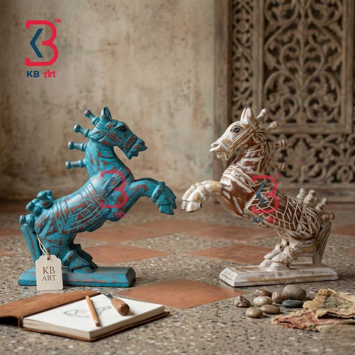 Animal or Bird lover gift ideas KB ART Wooden Antique Carved Jumping Horse Pair - Close-Up of Hand-Carved Artisan Texture - Handcrafted Wooden Decor Jodhpur