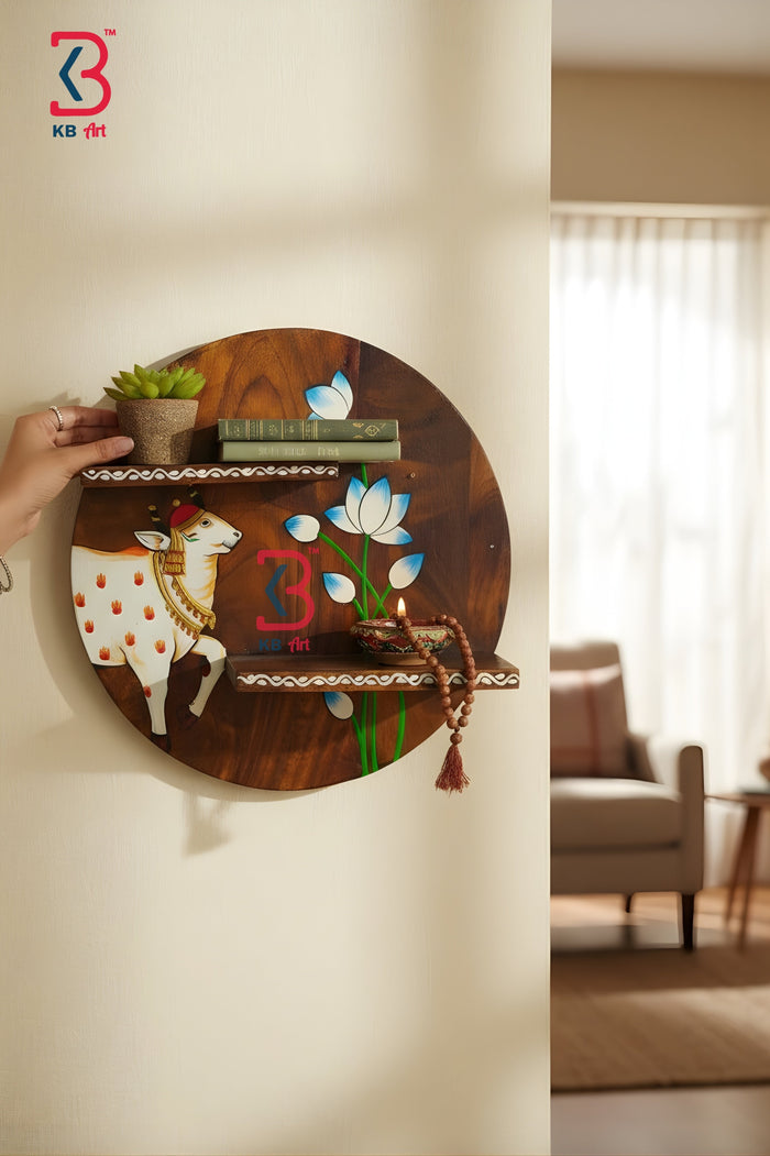 KB ART Wooden Round Wall Planter Shelf - Styled Display in Home Interior Setting - Handcrafted Wooden Decor Jodhpur