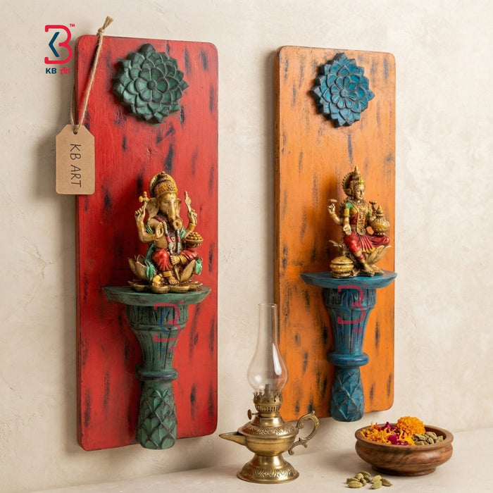 KB ART Wooden Carved Big Rectangle Shelf Statue - Side Angle Showing Finish and Craftsmanship - Handcrafted Wooden Decor Jodhpur