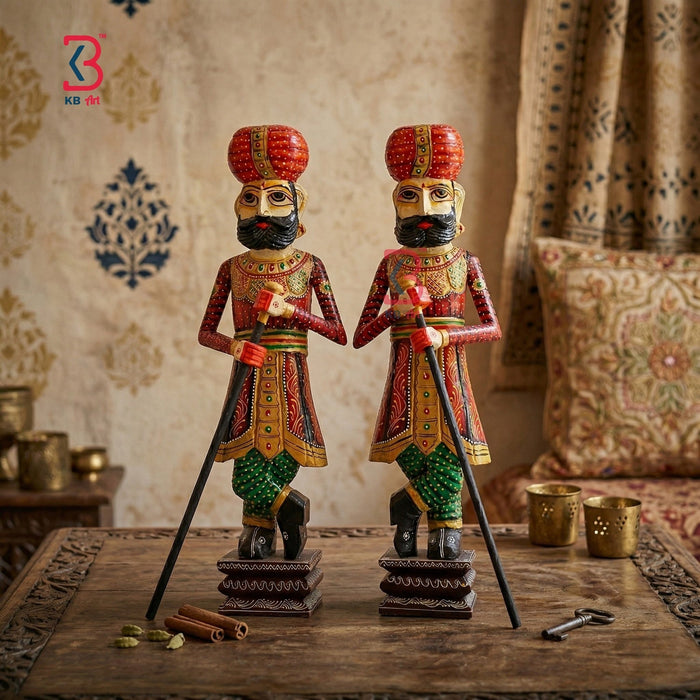 KB ART Handcrafted Wooden Chowkidar Set Tradition - Close-Up of Hand-Carved Artisan Texture - Handcrafted Wooden Decor Jodhpur