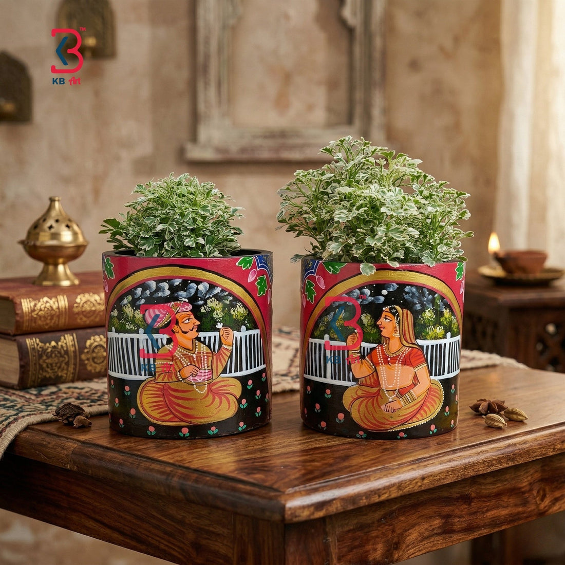 KB ART Pichwai Raja Rani Planter - Close-Up of Hand-Carved Artisan Texture - Handcrafted Wooden Decor Jodhpur