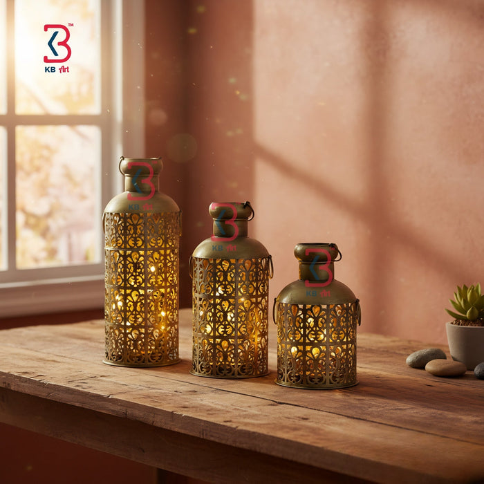 KB ART Cut Work Metal Lantern Vases - Close-Up of Hand-Carved Artisan Texture - Handcrafted Wooden Decor Jodhpur