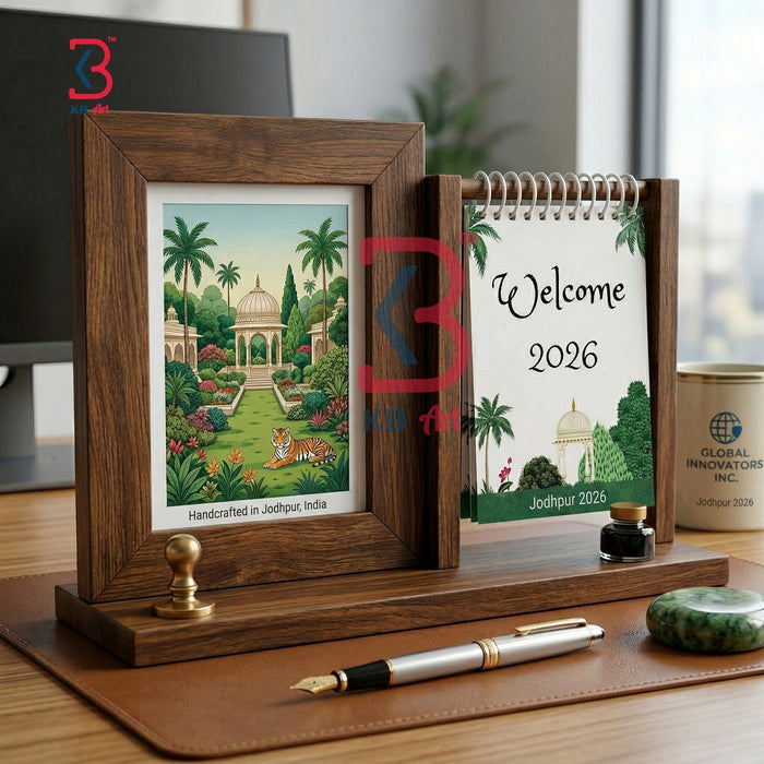 KB ART Wooden Frame Calendar Desk Organiser - Close-Up of Hand-Carved Artisan Texture - Handcrafted Wooden Decor Jodhpur