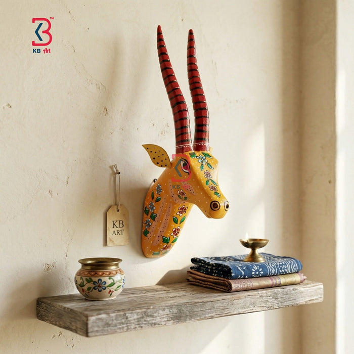 KB ART Hand Painted Wooden Deer Head With Long Hor - Close-Up of Hand-Carved Artisan Texture - Handcrafted Wooden Decor Jodhpur
