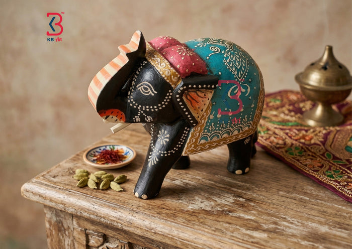 KB ART Hand Painted Black Elephant Statue - Close-Up of Hand-Carved Artisan Texture - Handcrafted Wooden Decor Jodhpur